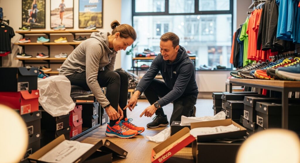 Essayage de chaussures de trail en magasin spécialisé avec conseiller aidant au choix de la bonne taille