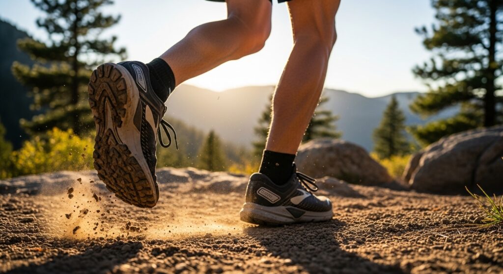 Brooks Cascadia 19 en action sur sentier montagneux, référence confort trail