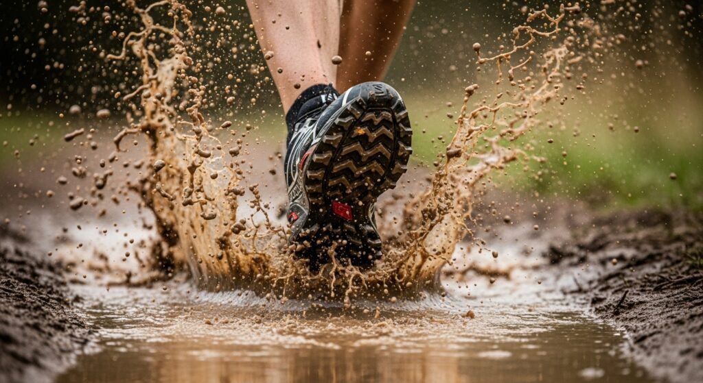 Chaussures Salomon Speedcross en action dans la boue profonde, démontrant l'efficacité des crampons profonds