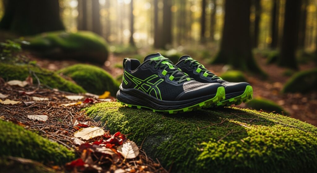 Chaussures de trail sur rocher forestier illustrant le choix d'équipement pour débutants
