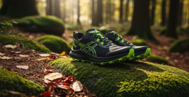Chaussures de trail sur rocher forestier illustrant le choix d'équipement pour débutants