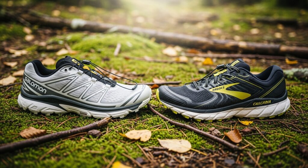 Chaussures polyvalentes pour débuter le trail  Salomon Sense Ride et Brooks Cascadia sur fond naturel