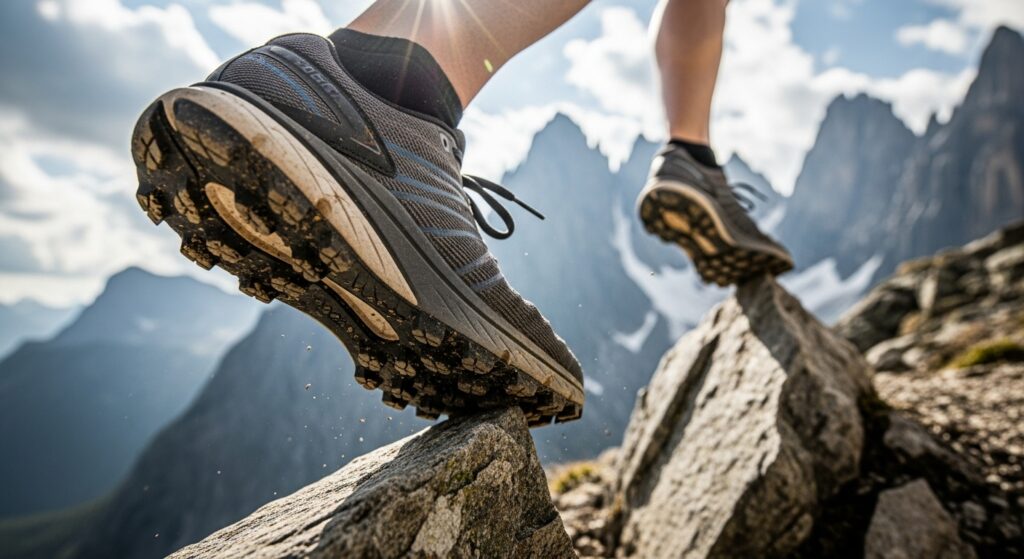 Chaussures techniques de montagne en action sur terrain alpin rocheux exigeant précision et accroche