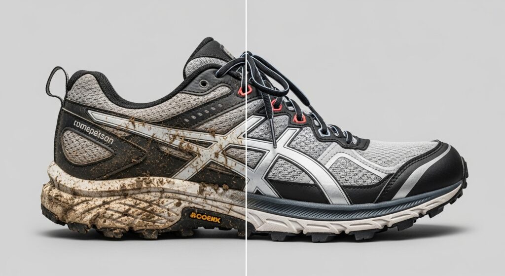 Comparaison avant-après entretien de chaussures de trail montrant l'importance du nettoyage