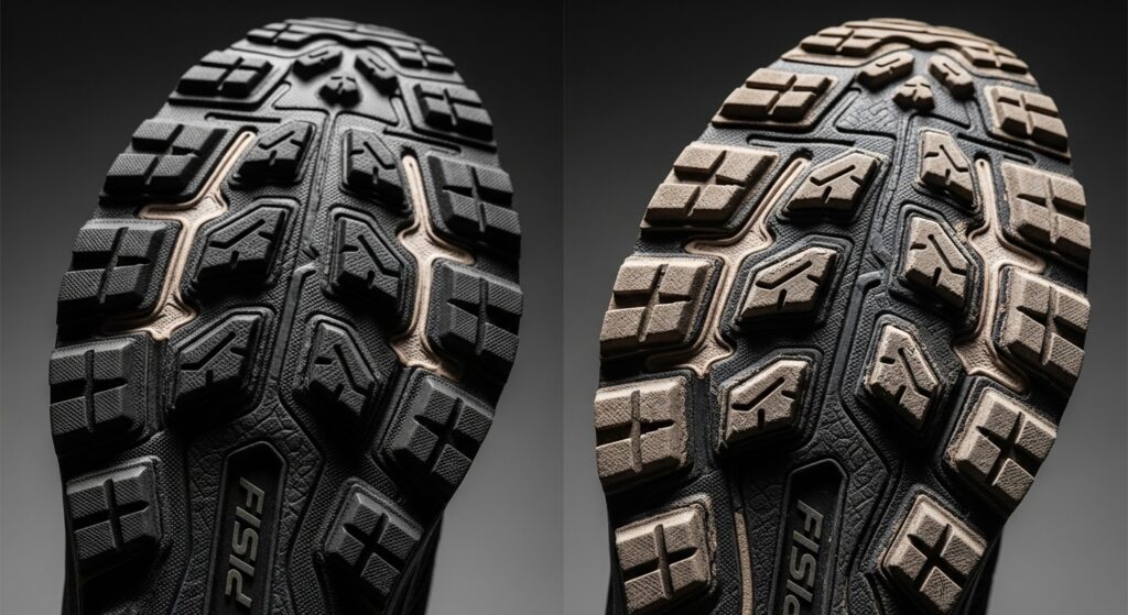 Comparaison avantaprès d'une semelle de chaussure de trail montrant l'usure des crampons  crampons neufs à gauche, crampons usés à droite