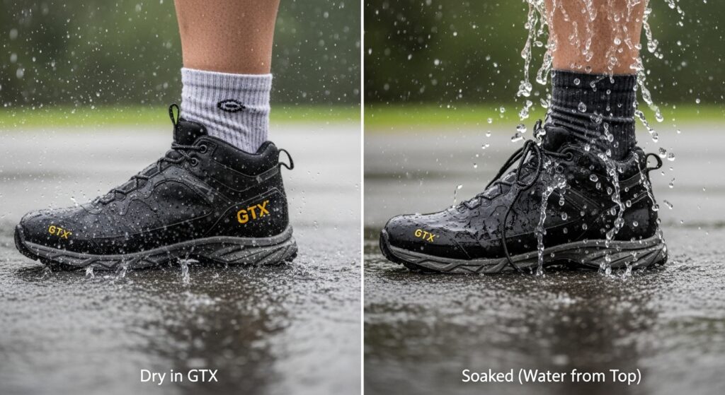 Comparaison des avantages et limites du Gore-Tex  protection contre la pluie vs piège à eau une fois l'eau entrée