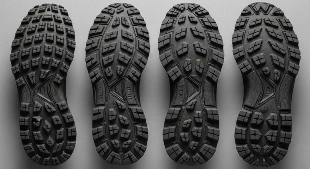 Comparaison détaillée de trois types de crampons pour chaussures de trail  peu profonds, moyens et agressifs