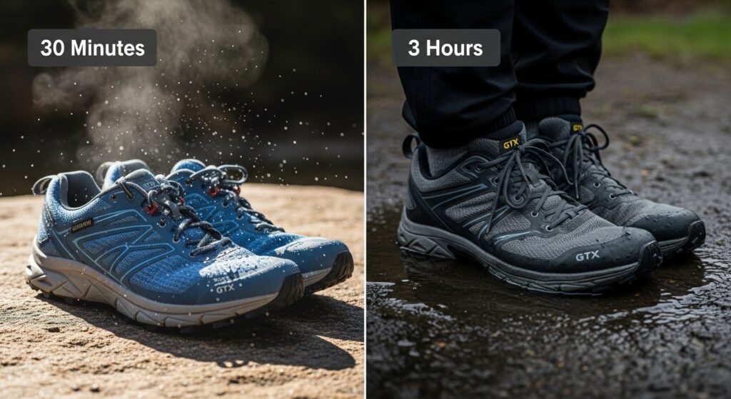 Comparaison du temps de séchage entre chaussures mesh (rapide) et Gore-Tex (très lent)
