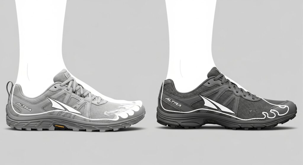 Comparaison du toe box large de l'Altra Lone Peak permettant l'étalement naturel des orteils