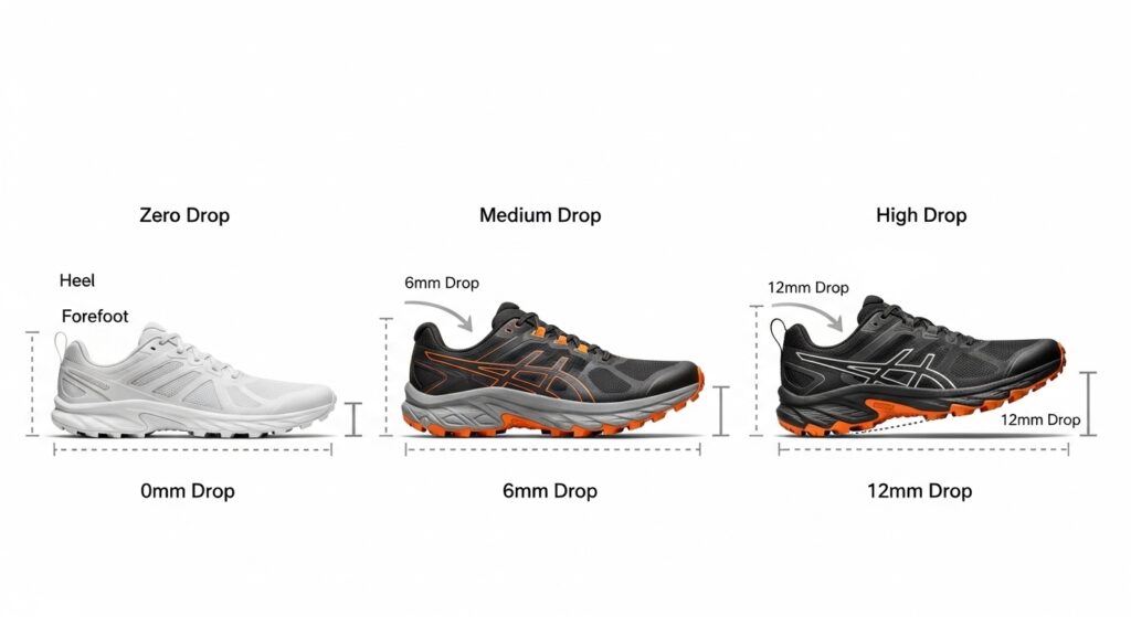 Comparaison visuelle de trois chaussures de trail montrant les différences de drop  drop zéro, drop moyen et drop élevé avec lignes de mesure