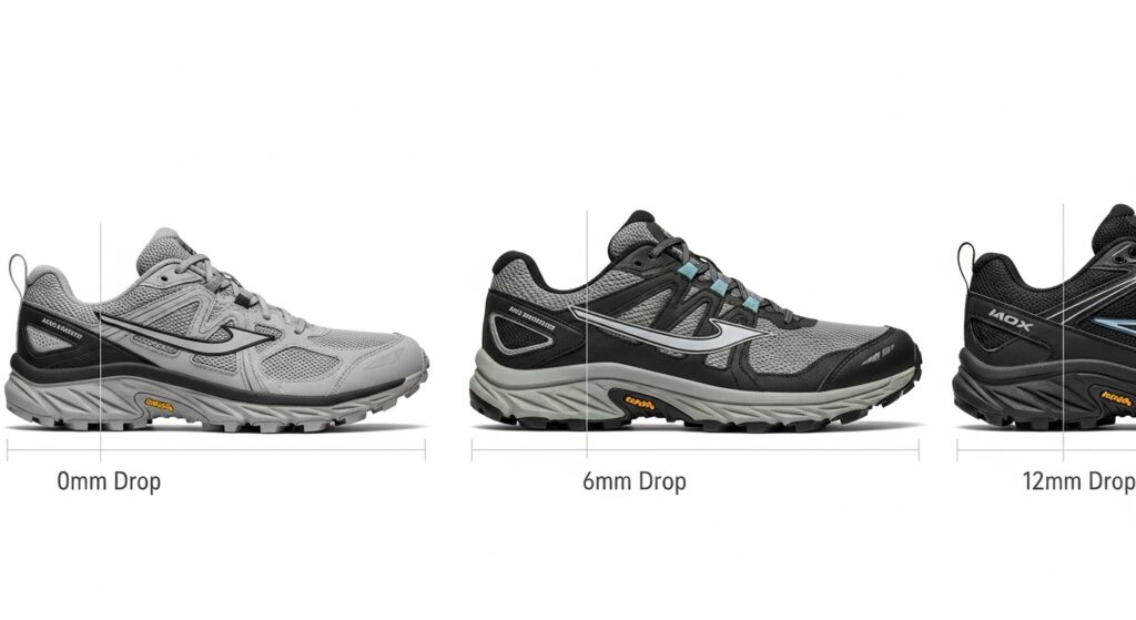 Comparaison visuelle de trois drops différents en chaussures de trail  0mm, 6mm et 12mm