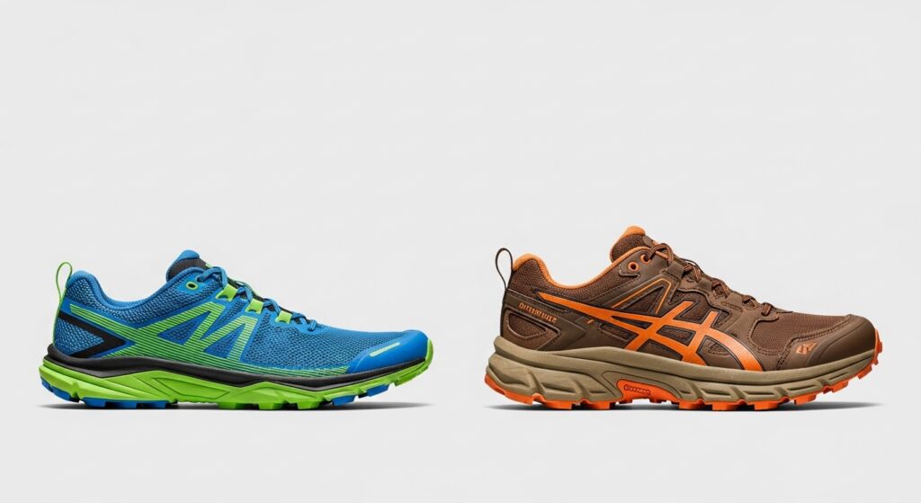 Comparaison visuelle entre chaussure de trail légère pour la performance et modèle robuste pour la longue distance