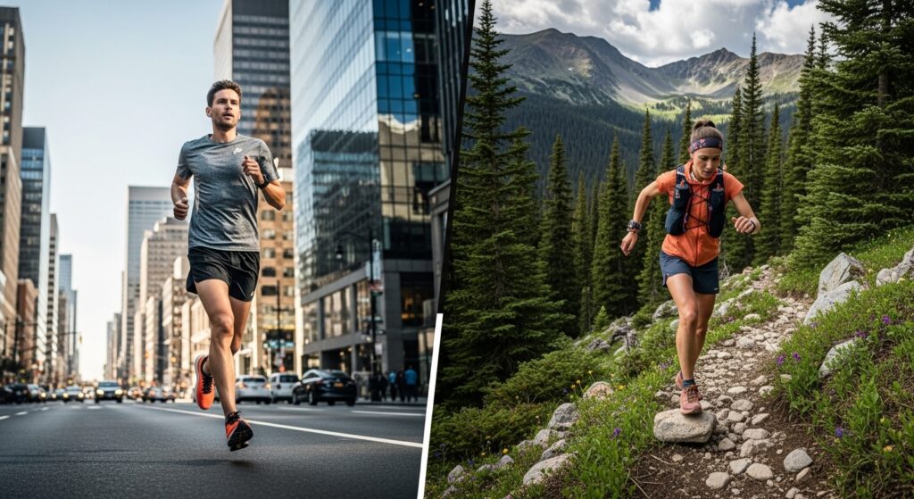Comparaison visuelle entre un coureur sur route goudronnée en environnement urbain et un traileur sur sentier montagneux en pleine nature