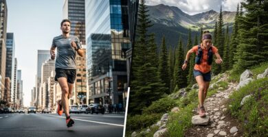 Comparaison visuelle entre un coureur sur route goudronnée en environnement urbain et un traileur sur sentier montagneux en pleine nature