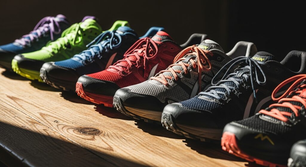 Comparatif de différentes chaussures de trail running posées sur une table en bois, montrant la diversité des modèles disponibles