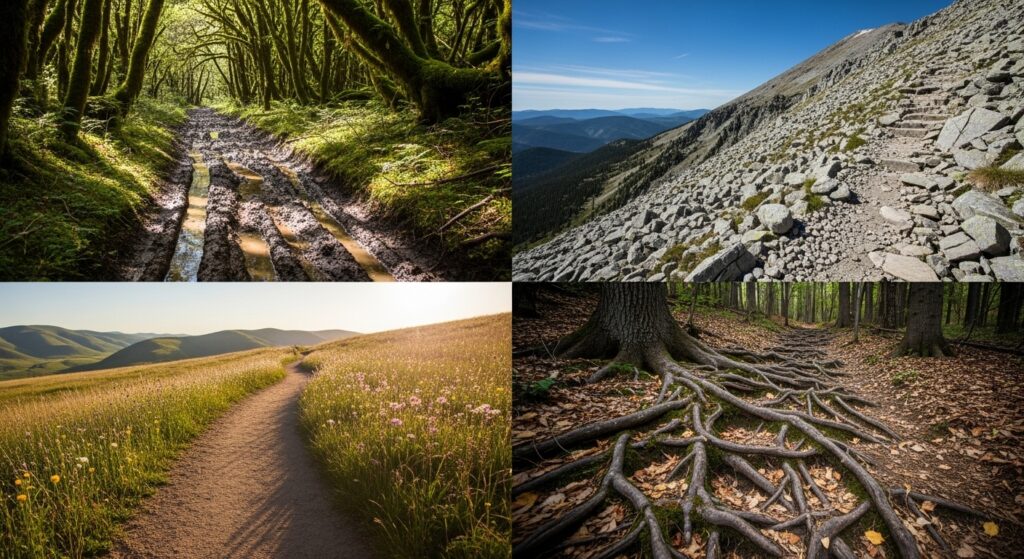 Composition montrant quatre types de terrains de trail différents  sentier boueux, terrain rocheux de montagne, chemin roulant et section technique avec racines