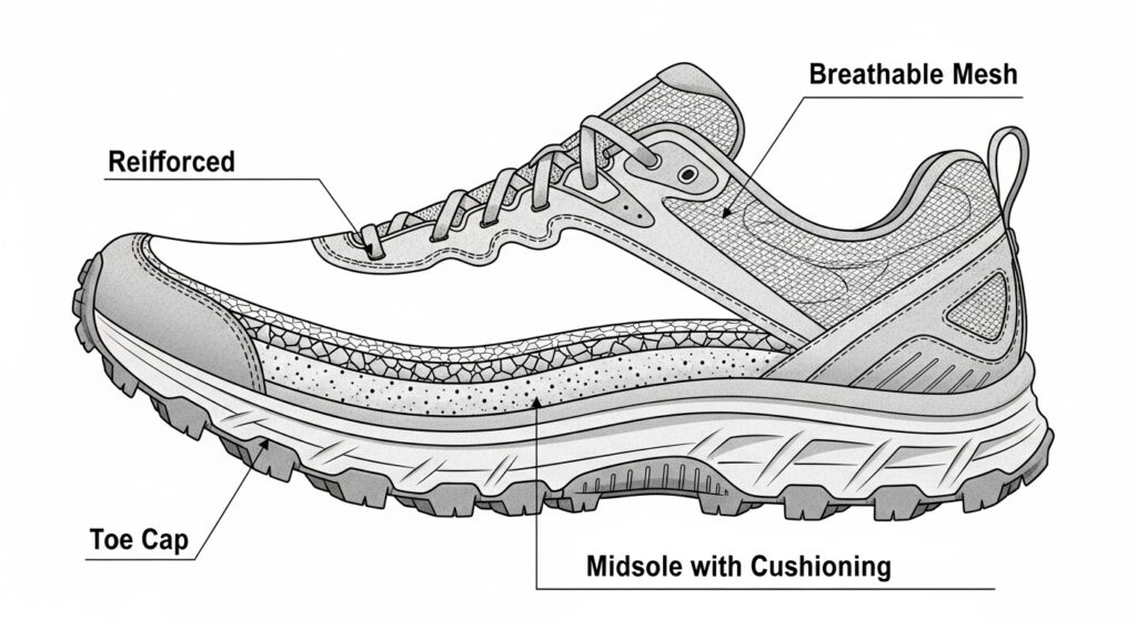 Coupe technique d'une chaussure de trail montrant la structure et les technologies d'amorti et de protection