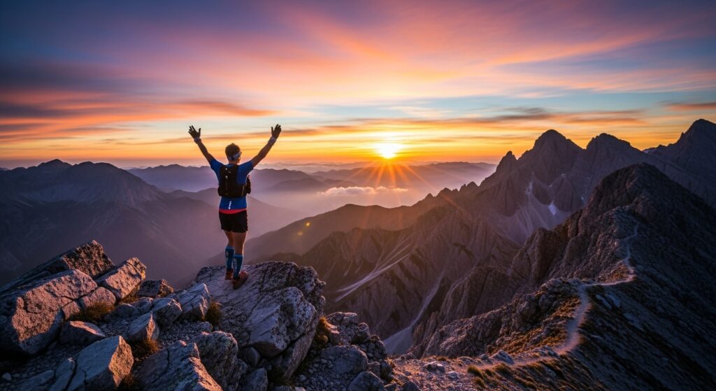 Coureur de trail au sommet au coucher du soleil