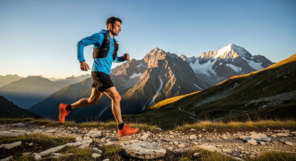 Coureur de trail équipé de chaussures techniques sur sentier de montagne rocailleux