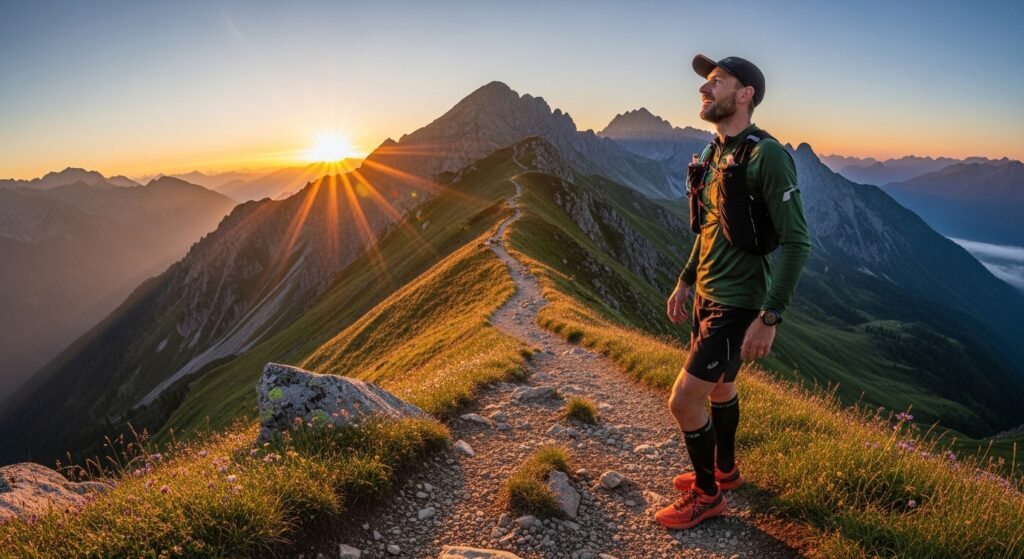Coureur équipé de nouvelles chaussures de trail au départ d'un sentier de montagne au lever du soleil, prêt pour l'aventure