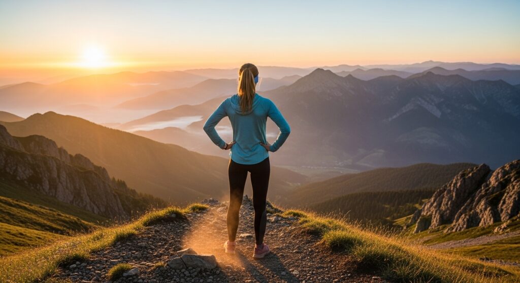 Coureur trail débutant au sommet admirant le paysage, symbolisant le début d'une aventure