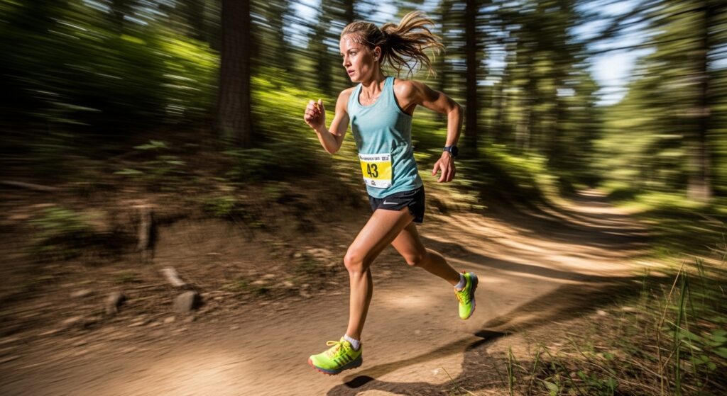 Coureuse en pleine accélération sur sentier, illustrant le besoin de chaussures légères et dynamiques pour les courtes distances