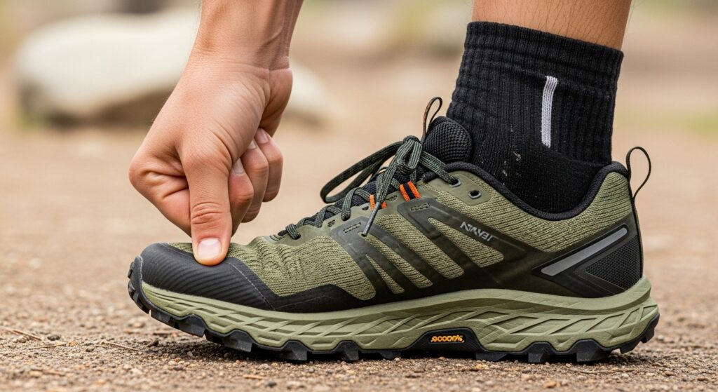 Démonstration du test du pouce pour vérifier l'espace correct entre l'orteil et le bout de la chaussure de trail