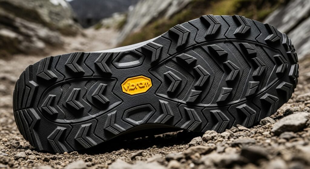 Détail de semelle de chaussure de trail avec crampons Vibram pour l'accroche en montagne