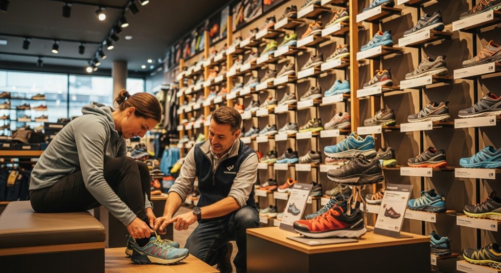 Essayage de chaussures de trail avec conseils d'expert en magasin spécialisé