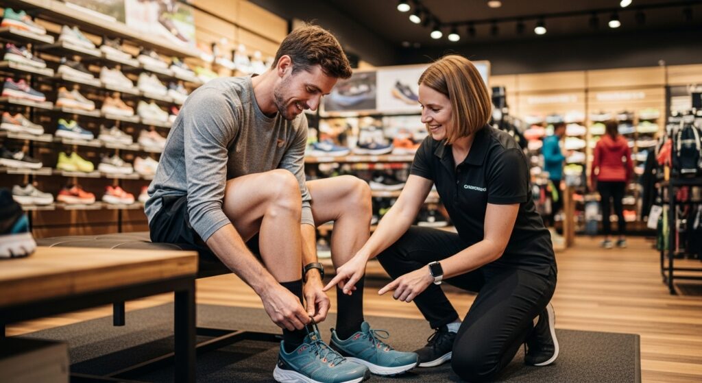 Essayage de chaussures de trail en magasin spécialisé