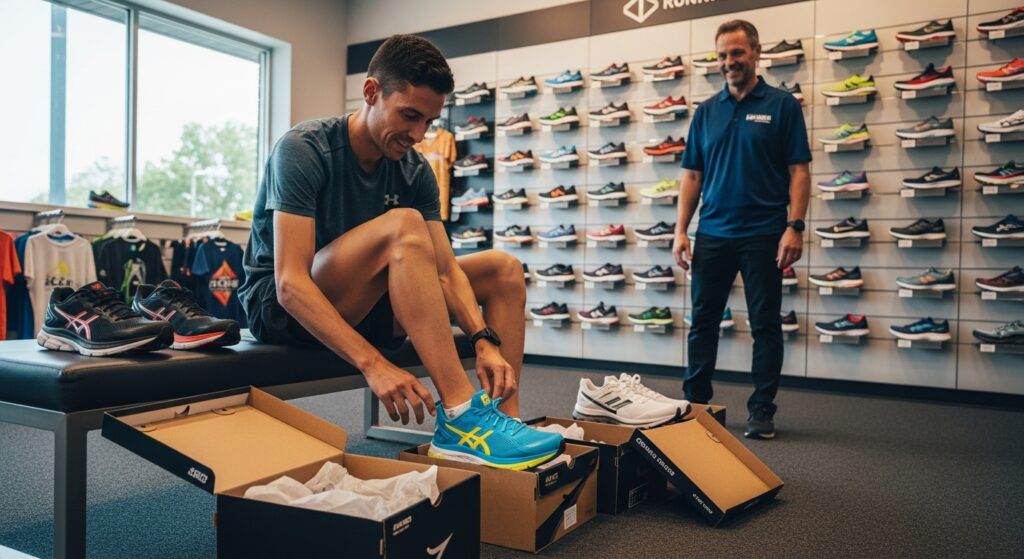 Essayage de chaussures de trail en magasin spécialisé avec vendeur conseil