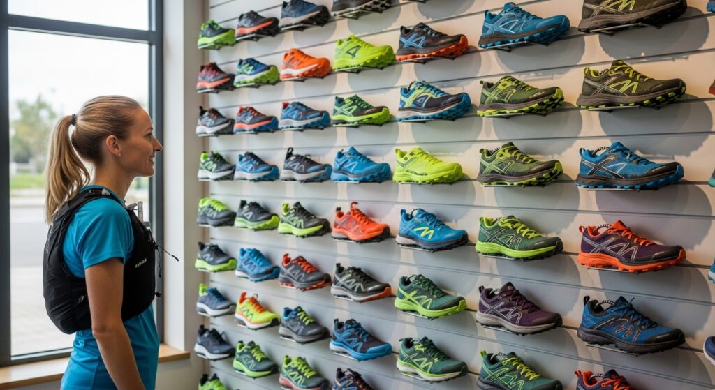 Femme contemplant un mur de chaussures de trail dans un magasin spécialisé, illustrant la difficulté du choix