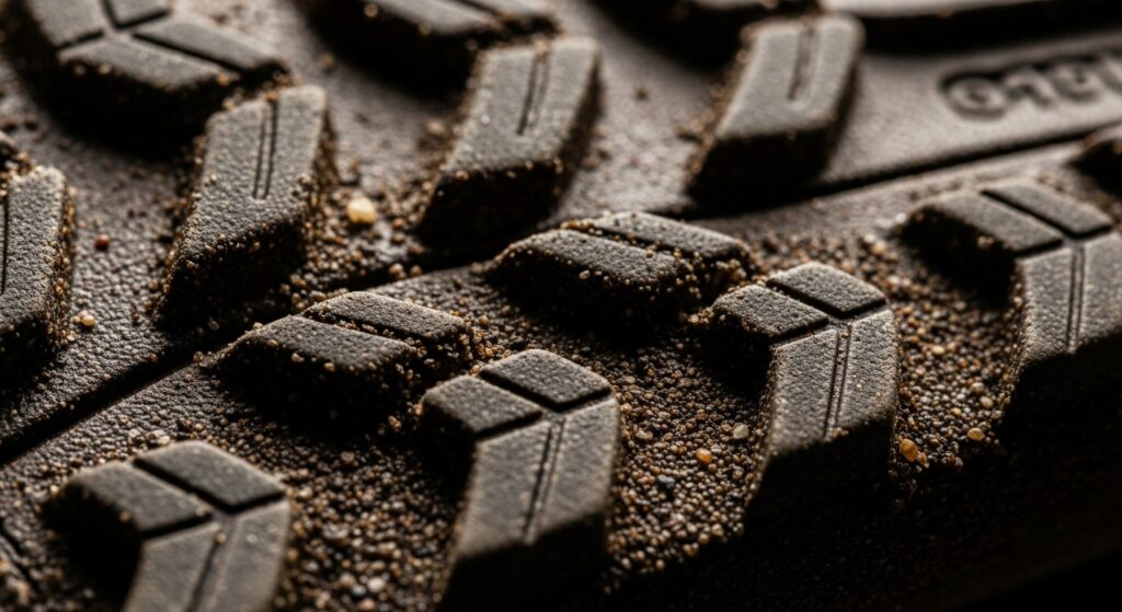 Gros plan macro photo sur la semelle d'une chaussure de trail montrant les crampons détaillés, texture de la gomme, boue et petits cailloux, éclairage dramatique, profondeur de champ réduite, qualité professionnelle