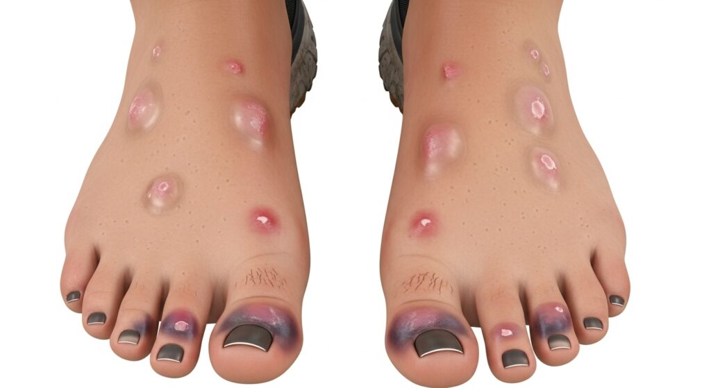 Gros plan sur des orteils abîmés avec ongles noirs et ampoules, conséquences de chaussures trop petites