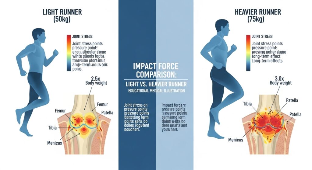 Infographie montrant l'impact du poids de la coureuse sur les forces d'impact articulaires
