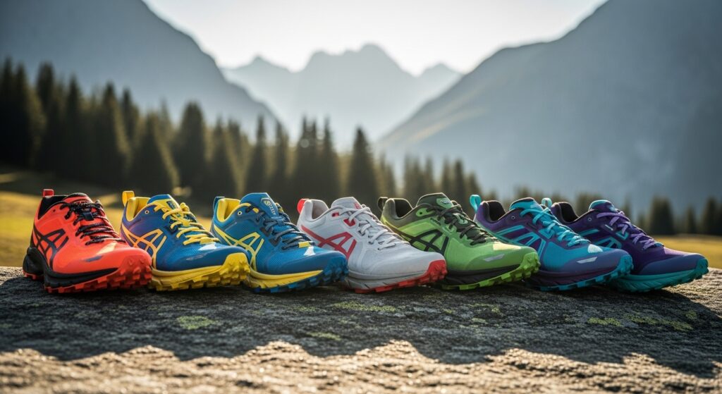Ligne de cinq chaussures de trail différentes alignées sur un rocher plat en montagne, paysage alpin flou en arrière-plan, lumière naturelle de fin de journée, photographie produit lifestyle
