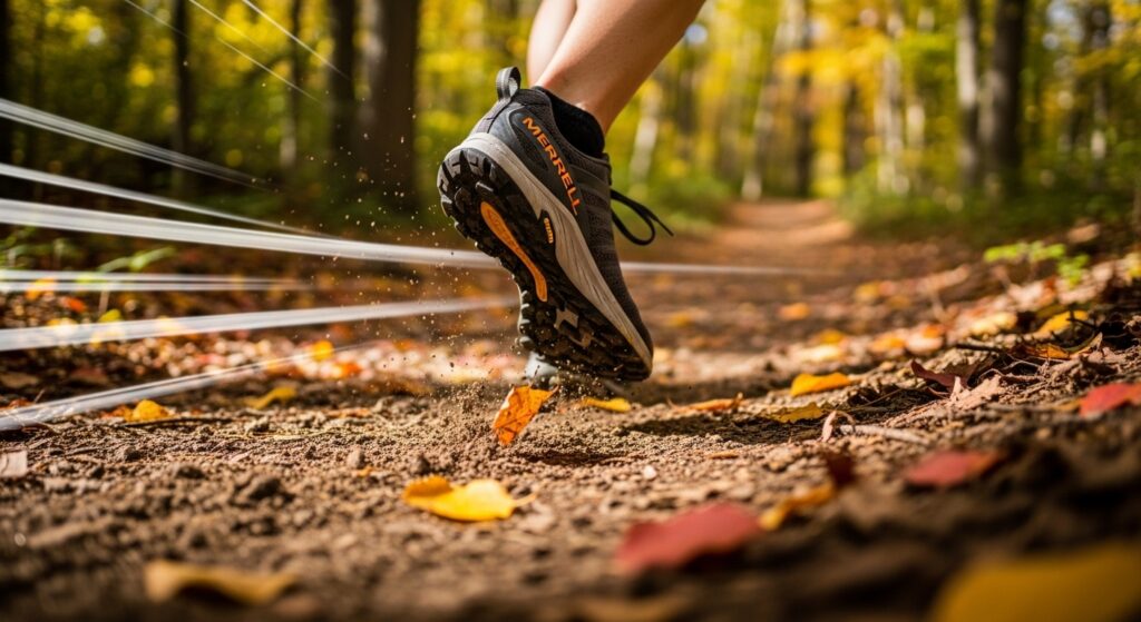 Merrell Morphlite en action sur sentier forestier, légèreté et protection