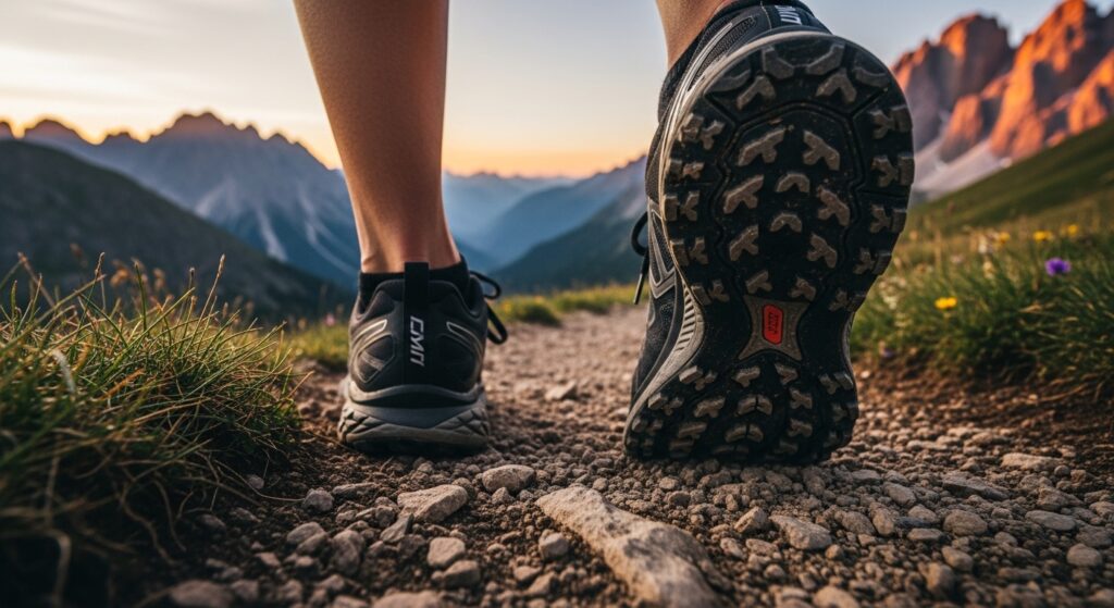 Gros plan sur des chaussures de trail sur un sentier de montagne montrant les crampons et l'adhérence