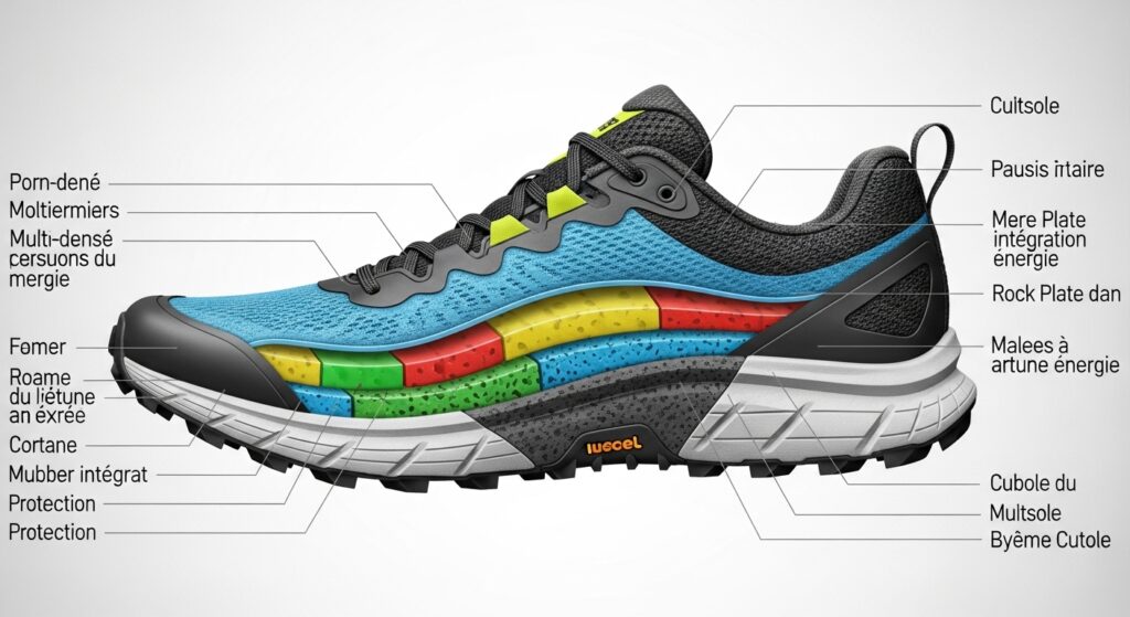 Schéma anatomique d'une chaussure de trail montrant les éléments de confort et protection