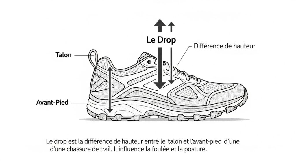 Schéma explicatif du drop chaussure trail - différence talon avant-pied