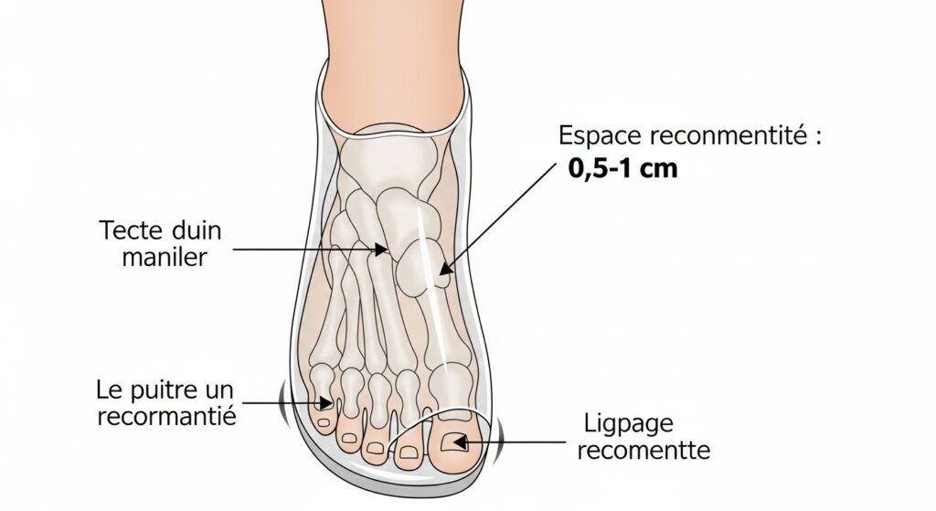Schéma pédagogique montrant l'espace optimal entre orteils et bout de chaussure de trail