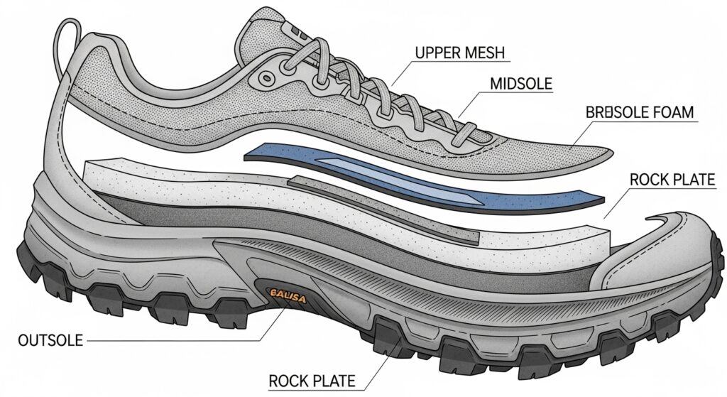 Schéma technique en coupe d'une chaussure de trail montrant les différentes couches  semelle extérieure, semelle intermédiaire, plaque de protection et tige