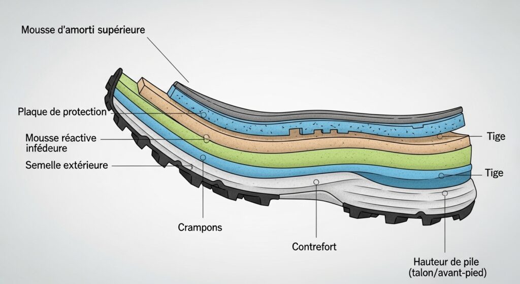Schéma technique en coupe d'une chaussure de trail montrant les différentes épaisseurs d'amorti et technologies de semelle