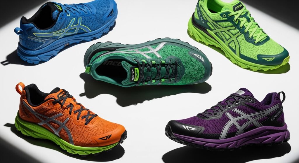 Sélection de cinq chaussures de trail haut de gamme disposées en composition dynamique montrant leurs caractéristiques distinctives