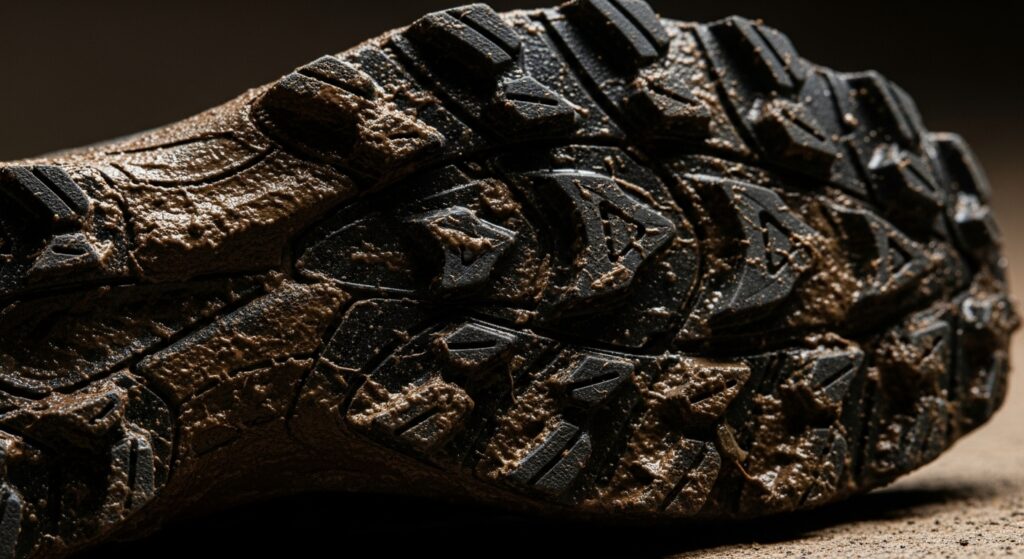 Semelle de chaussure de trail avec crampons profonds et espacés pour terrain boueux, vue en détail