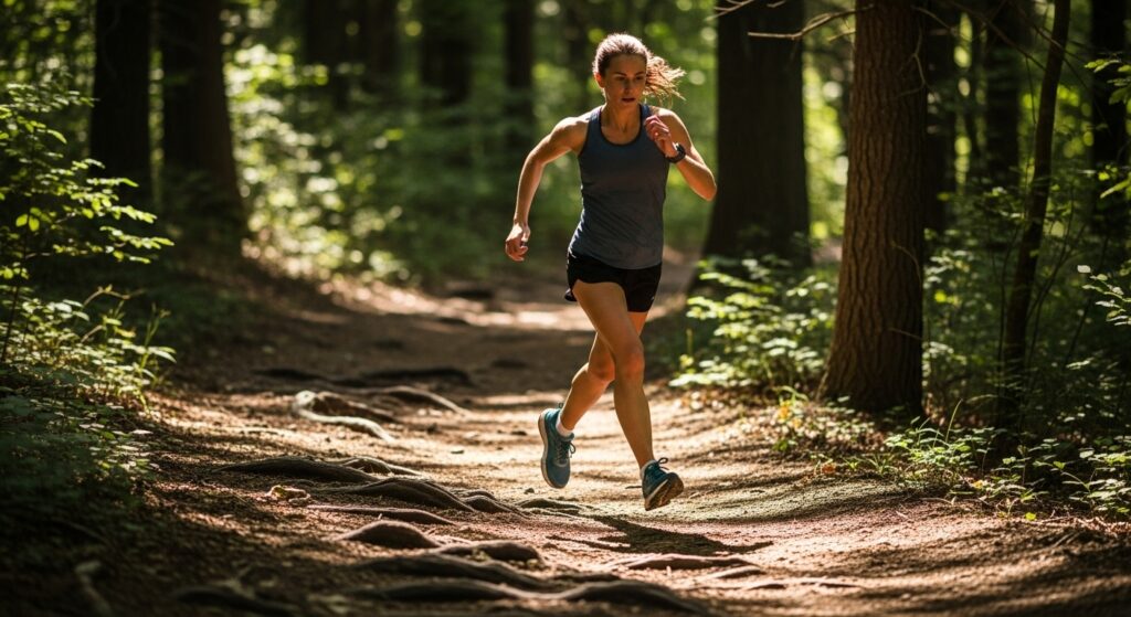Traileuse courant sur un sentier forestier facile, terrain idéal pour débuter en chaussures polyvalente