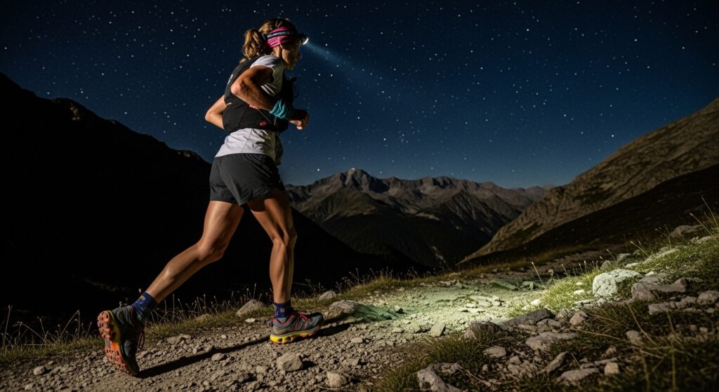 Traileuse en ultra de nuit montrant l'importance de chaussures ultra-confortables pour tenir sur la durée