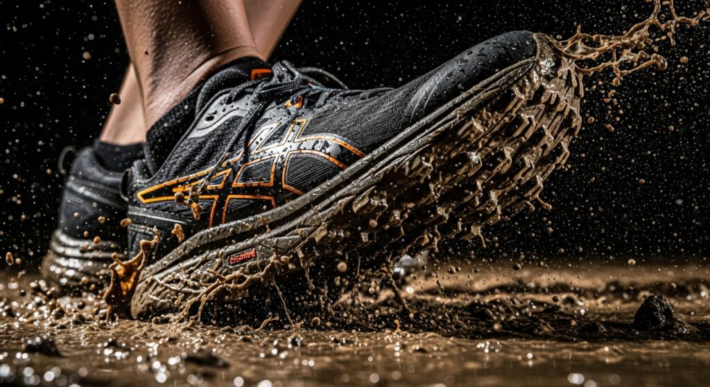 Test de chaussures de trail en conditions humides et boueuses montrant l'évacuation de la boue et l'imperméabilité