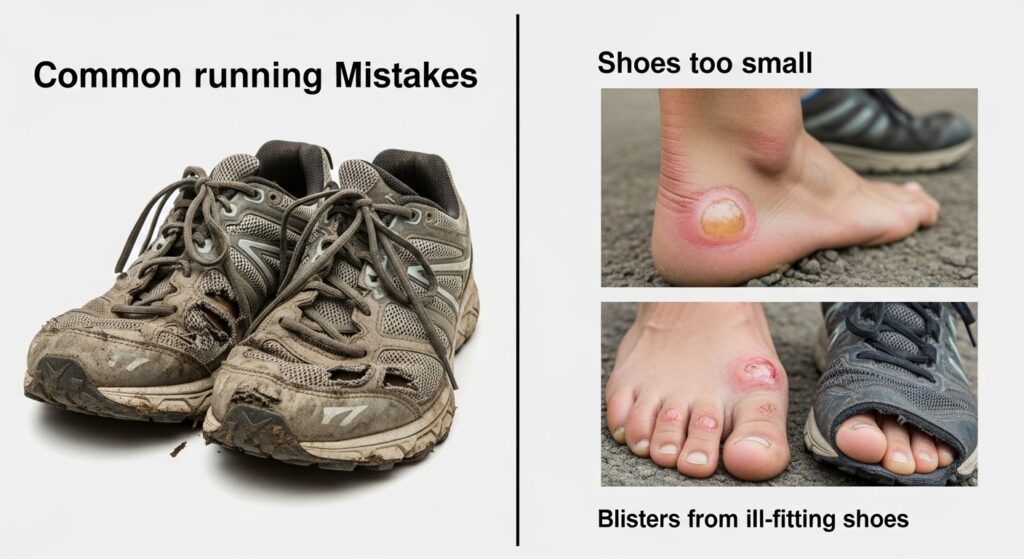 Illustration des erreurs courantes avec les chaussures de trail : semelles usées, mauvaise taille, ampoules et blessures