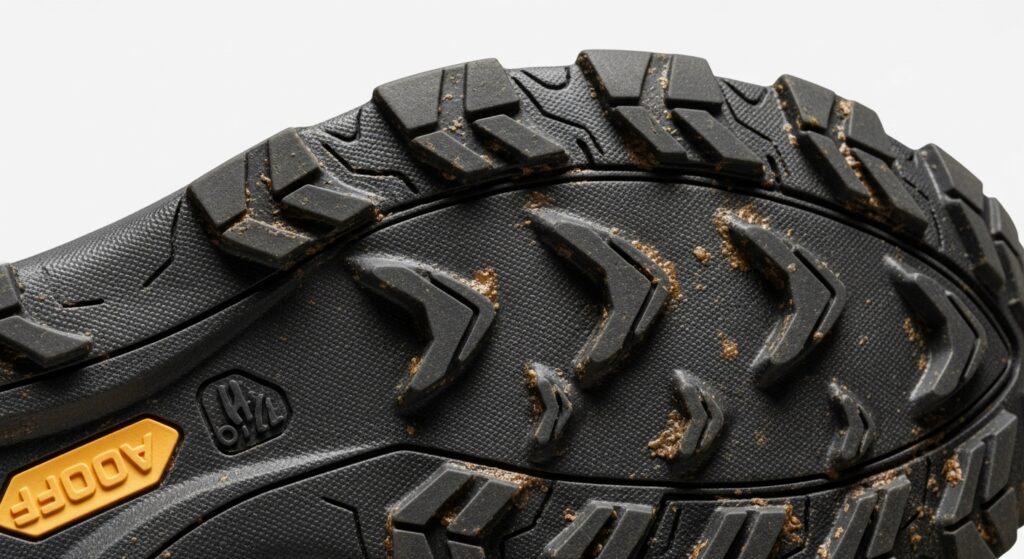 Détail des crampons d'une semelle de chaussure de trail